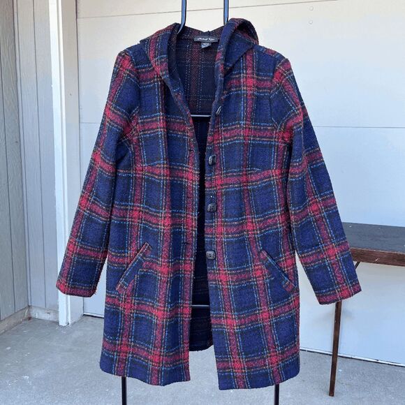 VTG Michael Tyler Hooded Plaid Wool Blend Coat M — Made in Canada - Picture 2 of 8